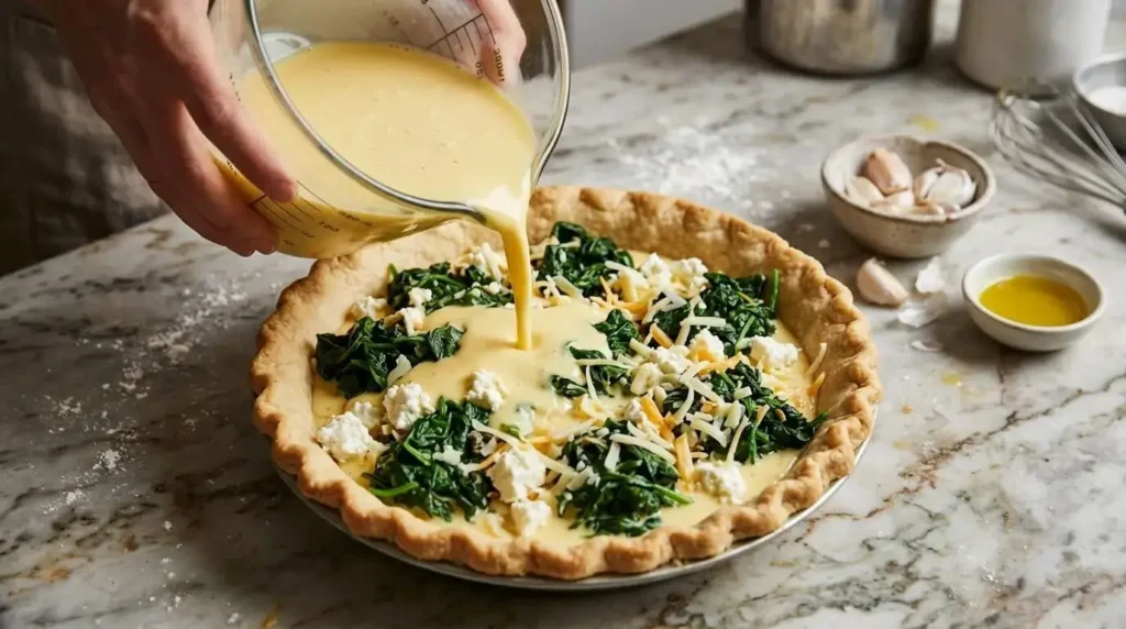 ouring egg custard over spinach, shredded Gruyère, and feta filling in a par-baked pastry shell.