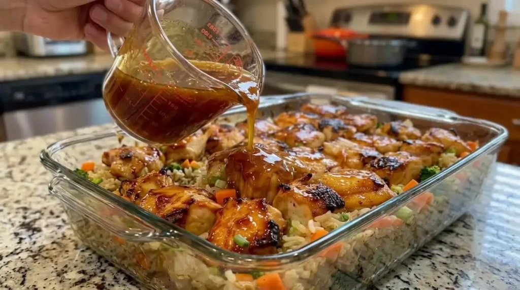 Layering seared chicken cubes over pre-cooked rice and vegetables in a glass casserole dish before drizzling glaze.