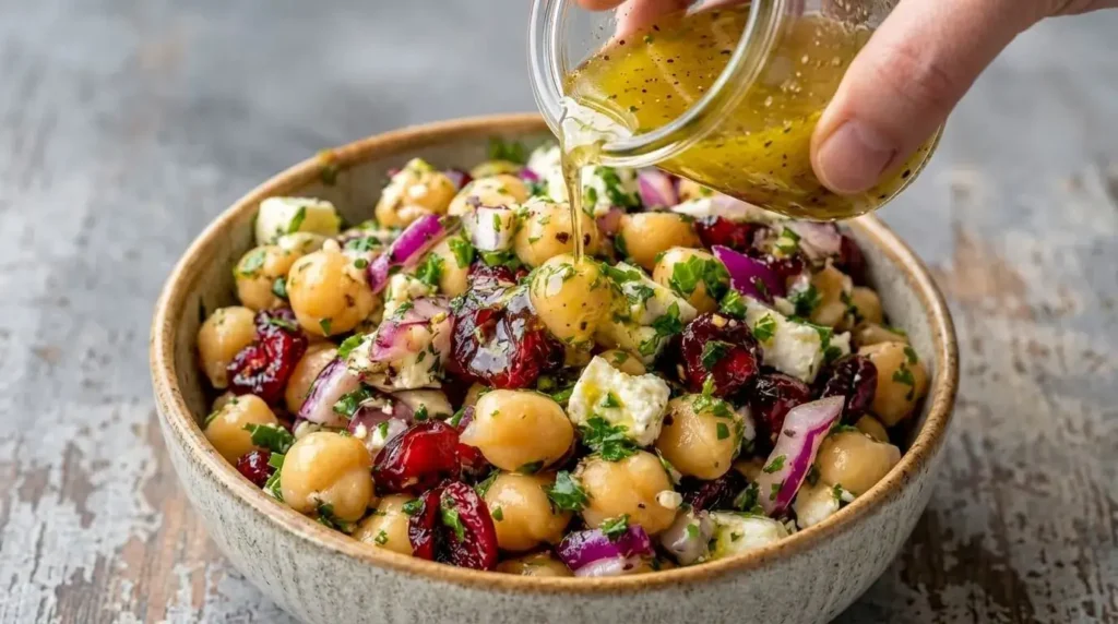 Golden lemon vinaigrette being poured over chickpeas, feta, dried cranberries, and fresh parsley in a mixing bowl.