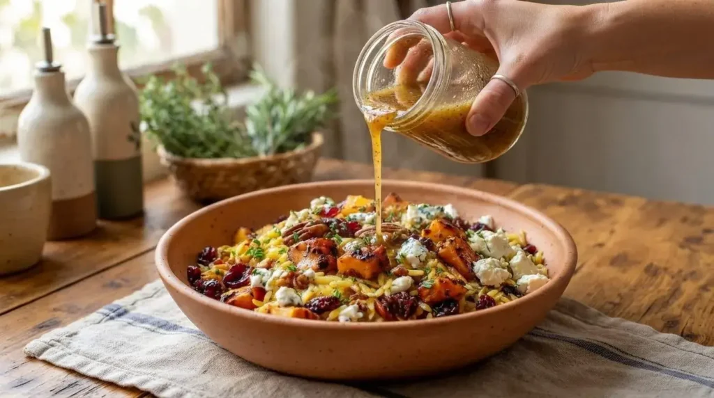 Pouring maple cider dressing over cooked orzo, roasted squash, feta, cranberries, and pecans in a bowl.