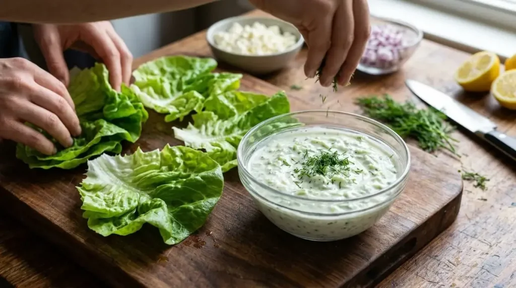 Prepping fresh butterhead lettuce leaves and homemade Greek tzatziki sauce on a wooden cutting board.