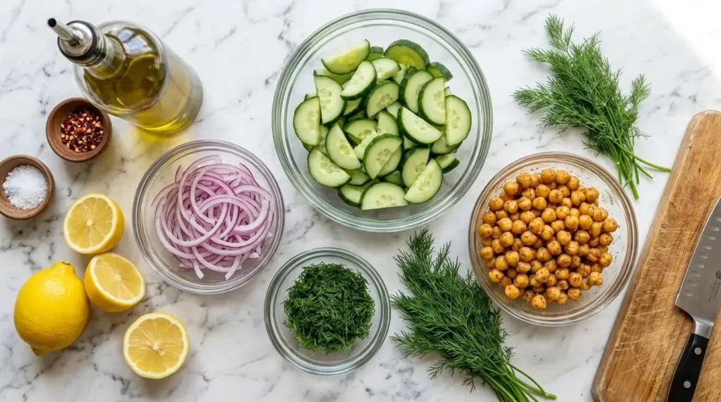 Fresh Mediterranean salad ingredients including sliced English cucumbers, red onions, fresh dill, and chickpeas in prep bowls.