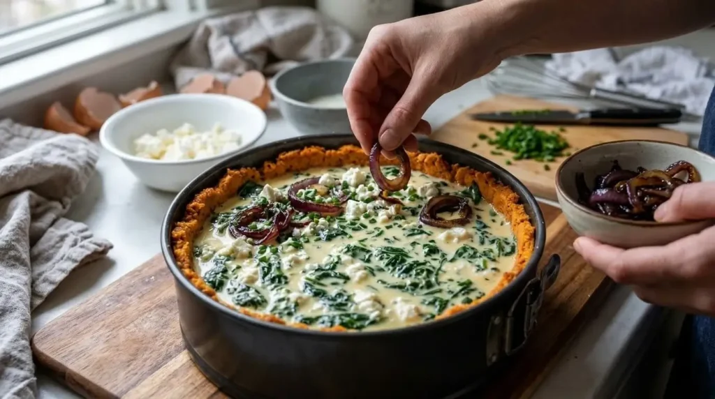 Layering caramelized red onion rings and feta cheese on top of spinach quiche custard.