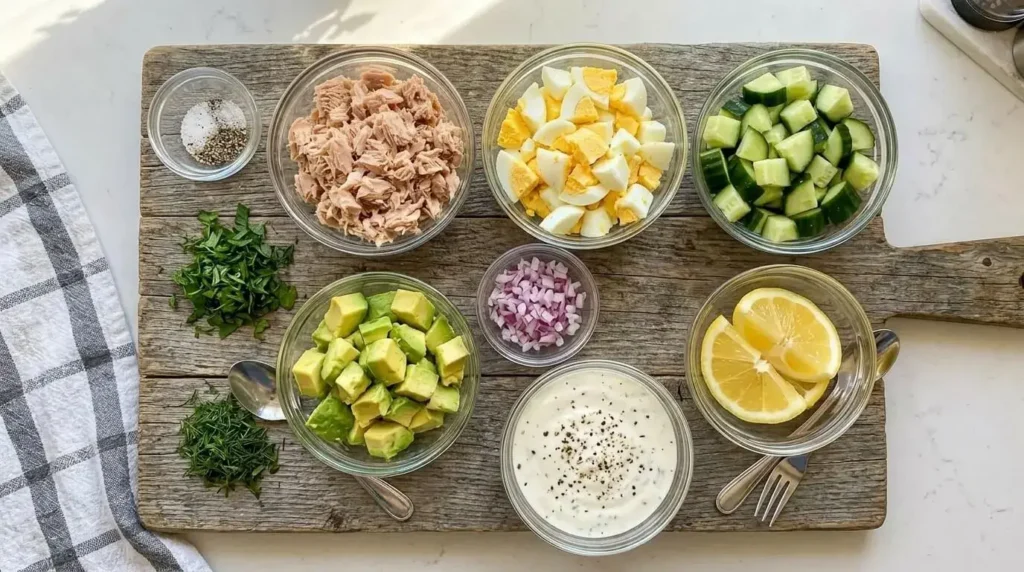 Ingredients for healthy tuna avocado salad meal prep arranged in glass bowls.