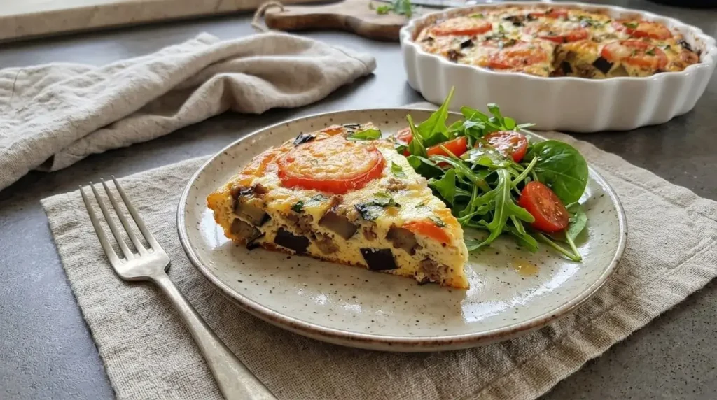 A slice of eggplant and tomato crustless quiche served with a fresh side salad on a rustic plate.