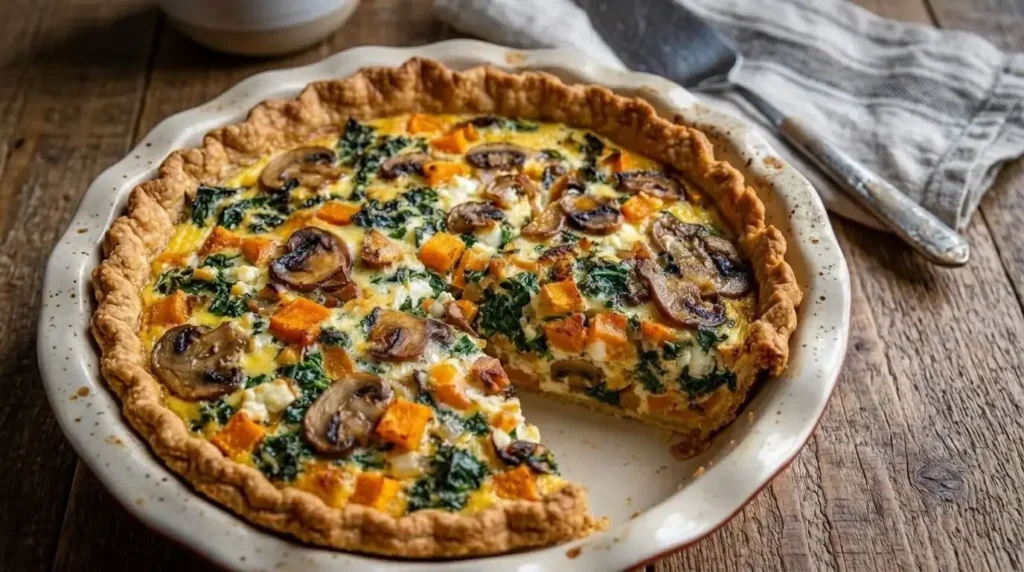 Overhead view of a freshly baked Mediterranean vegetable quiche with mushroom, spinach, and squash with a slice pulled out.