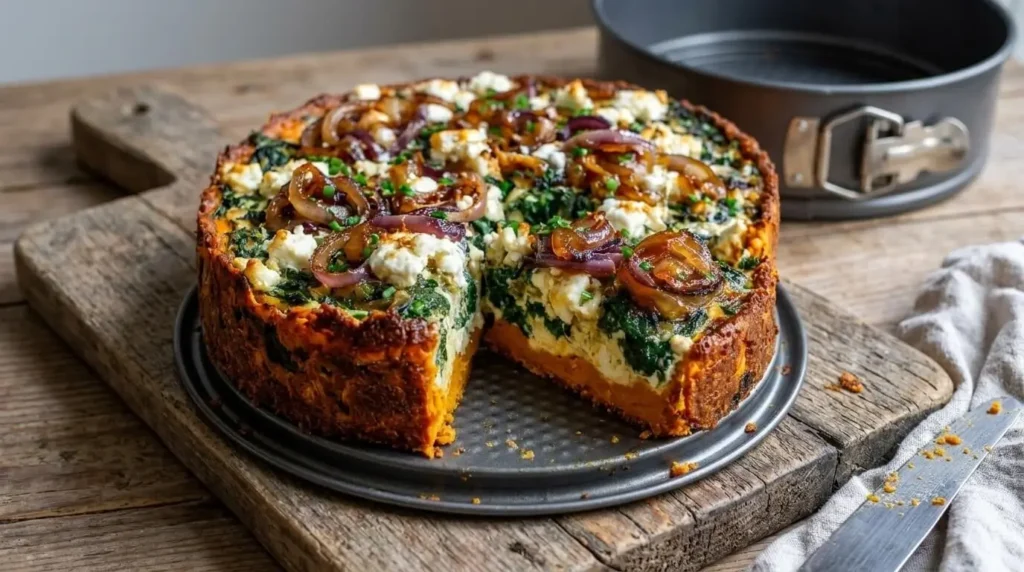 Golden sweet potato crust spinach and feta quiche slice on a wooden board with caramelized red onions.