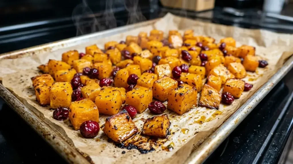 Sheet pan of caramelized roasted butternut squash and plump dried cranberries fresh out of the oven.