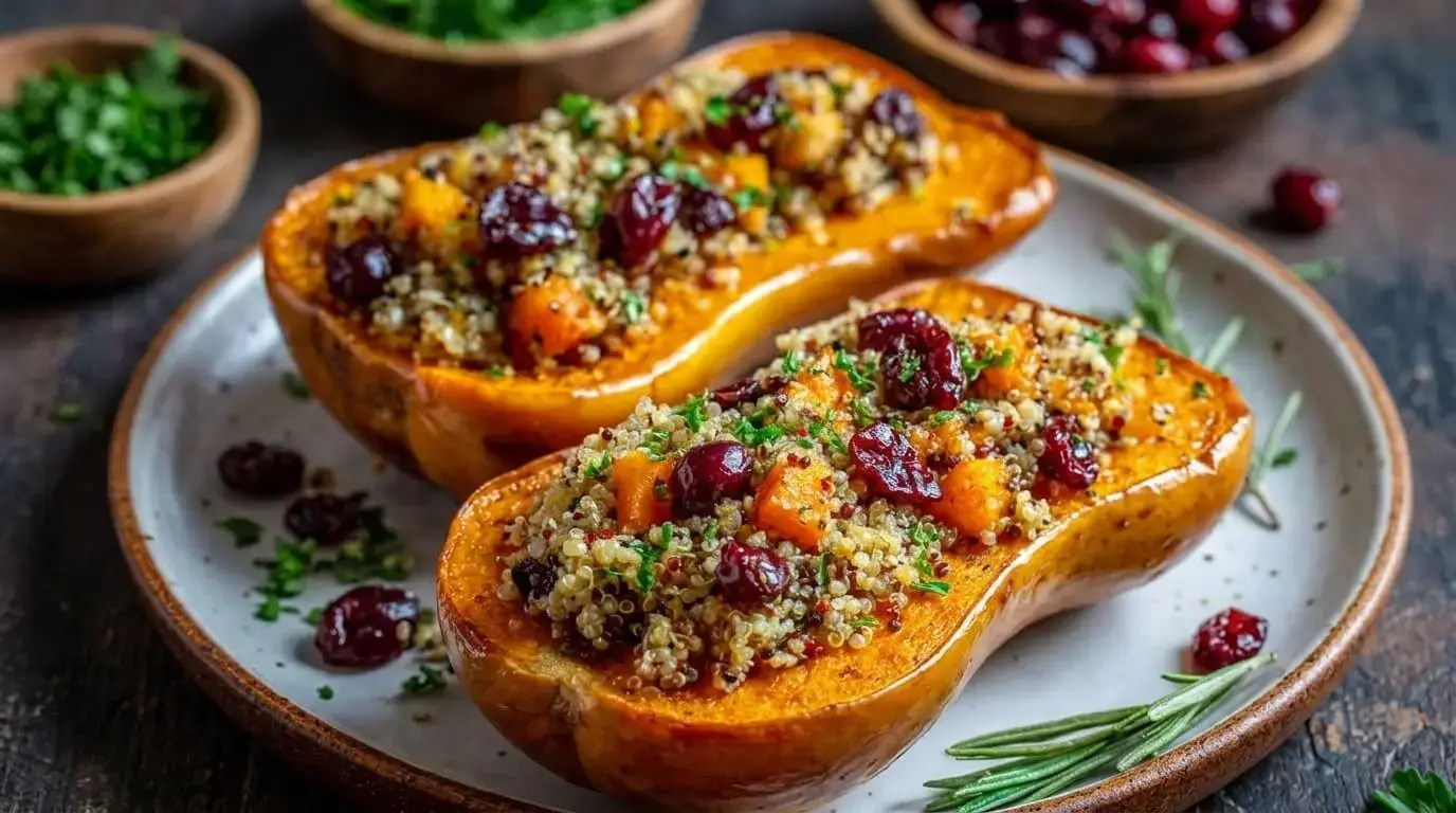 Roasted quinoa-stuffed butternut squash halves filled with tri-color quinoa, cranberries, and fresh green herbs.
