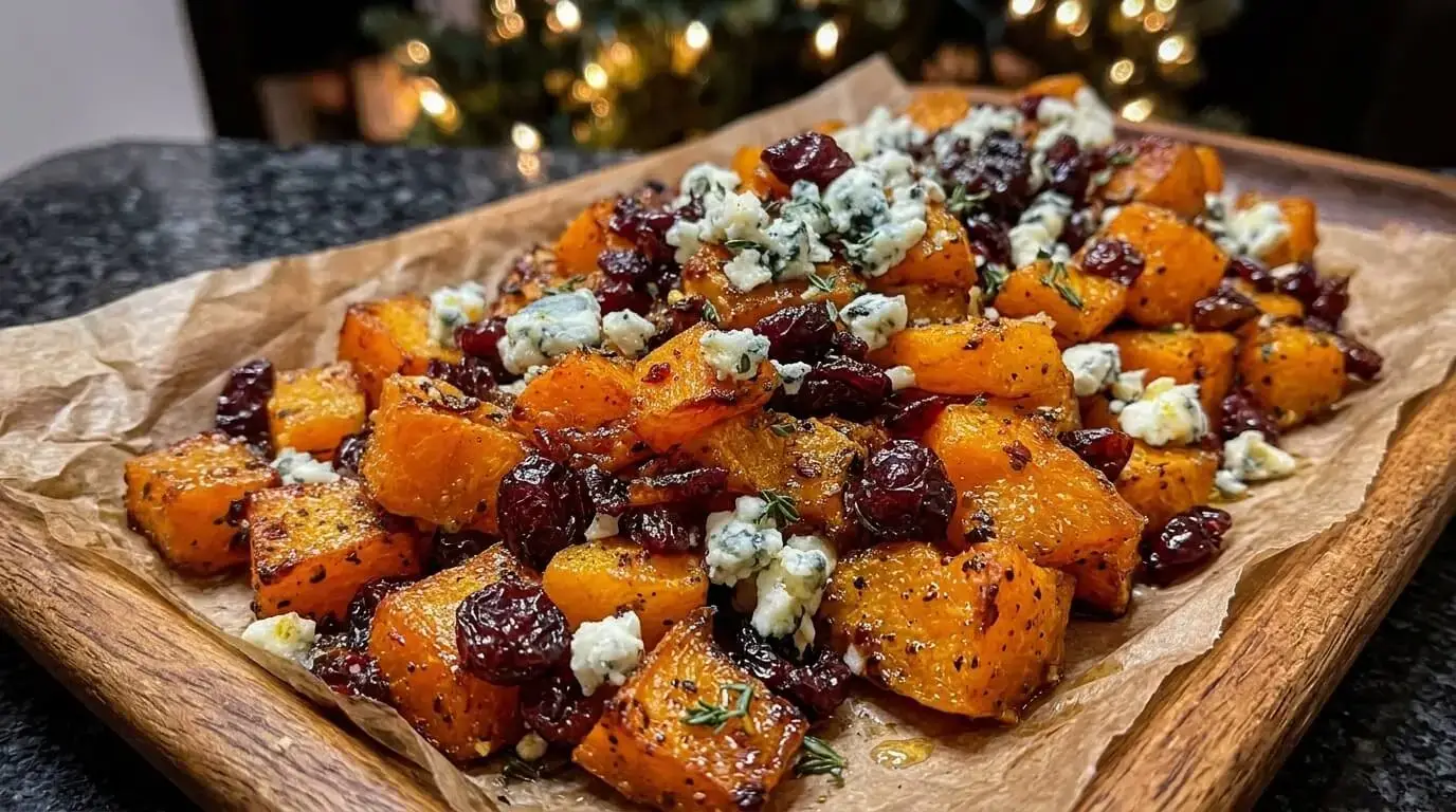 Roasted Butternut Squash with Gorgonzola and Cranberries served on a rustic wooden platter garnished with fresh thyme.