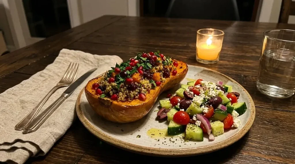 A portion of roasted quinoa-stuffed butternut squash served alongside a fresh Mediterranean side salad.