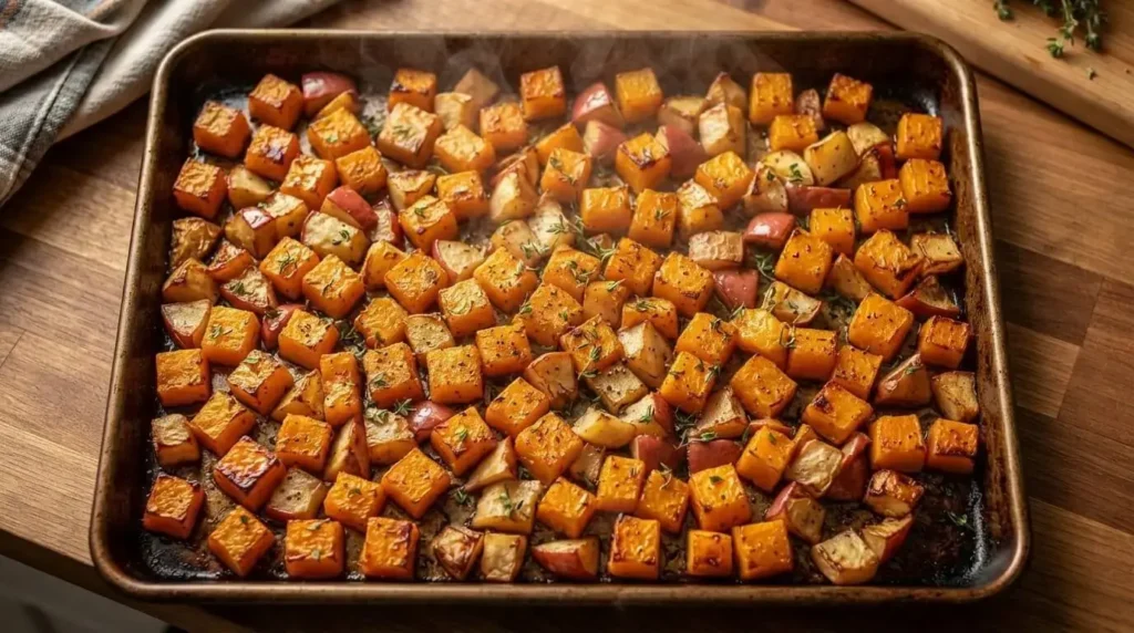 Sheet pan filled with roasted cubed butternut squash and diced apples caramelized in extra virgin olive oil.