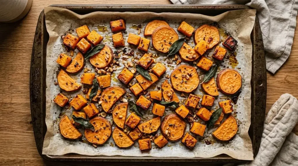 Sheet pan of roasted butternut squash cubes and sweet potato slices seasoned with olive oil and garlic.