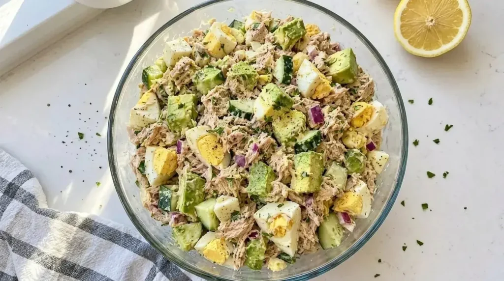 High-protein Tuna Egg Avocado Protein Salad in a clear glass bowl on a kitchen counter top.