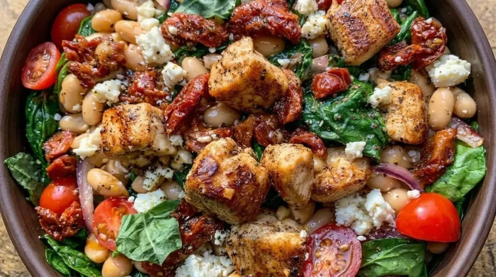 Top-down view of a Tuscan white bean and chicken bowl with feta, sun-dried tomatoes, and spinach.