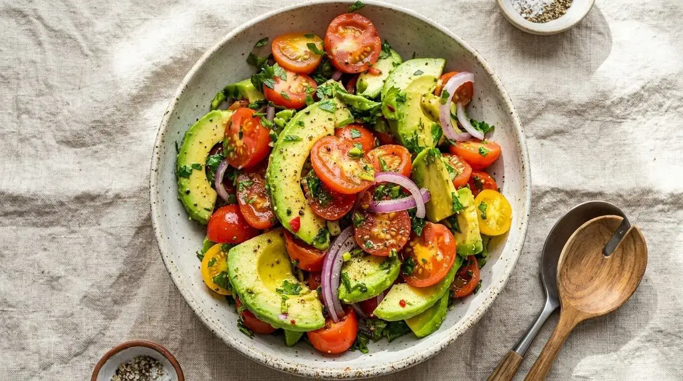 Fresh Mediterranean avocado tomato onion salad in a rustic bowl drizzled with olive oil and herbs.