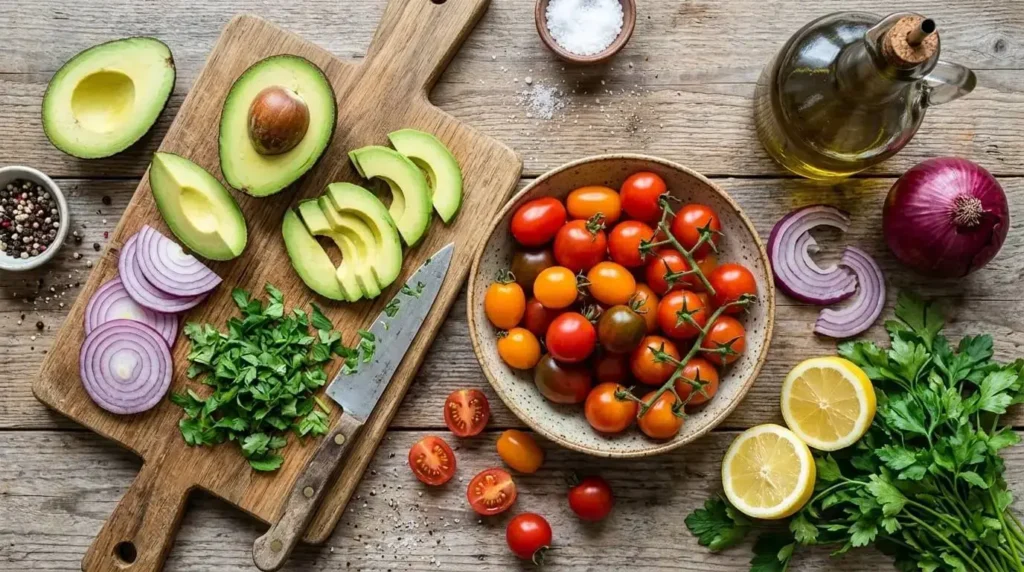 Raw ingredients for avocado tomato onion salad including fresh avocados, cherry tomatoes, red onion, lemon, and olive oil.