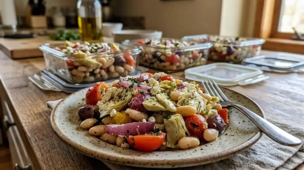 Plated portion of cold white bean and artichoke salad with meal prep containers in the background.