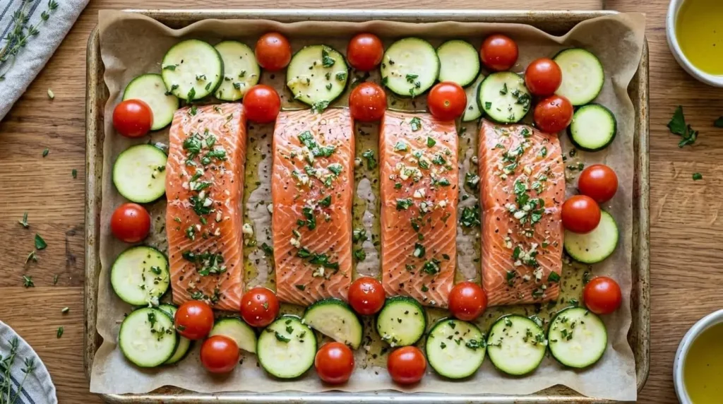 Raw salmon fillets and sliced zucchini with whole cherry tomatoes arranged on a parchment-lined sheet pan brushed with garlic herb oil.