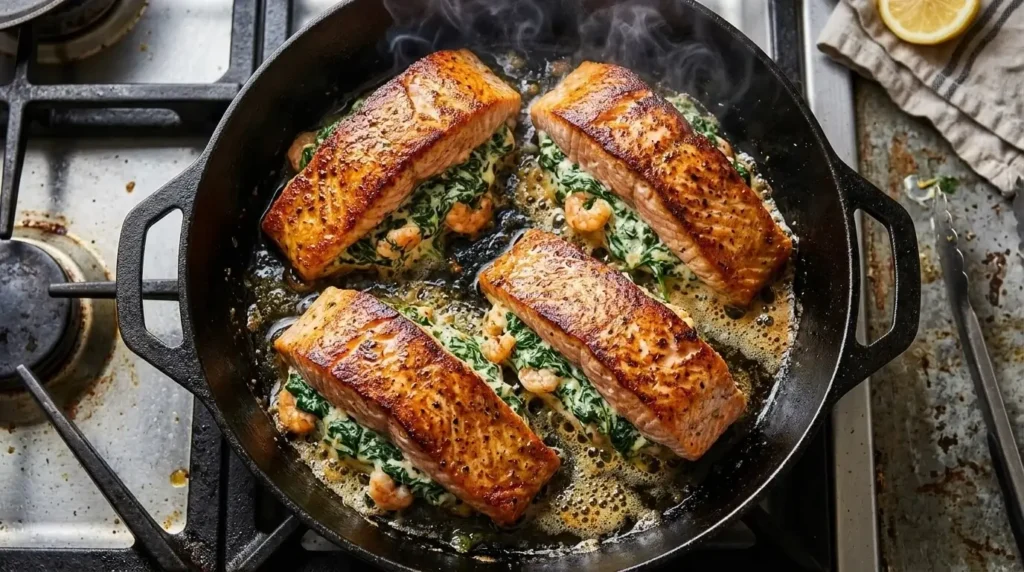 Stuffed salmon fillets searing in a hot cast iron skillet with olive oil.