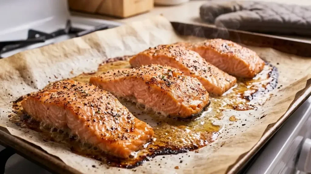 Freshly broiled salmon fillets on a baking sheet showing glistening, caramelized crust.