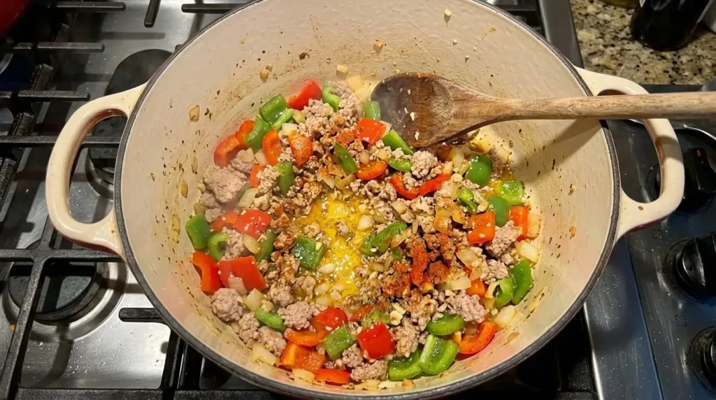 Chopped red and green bell peppers, diced onions, and ground turkey sautéing in extra virgin olive oil in a Dutch oven.