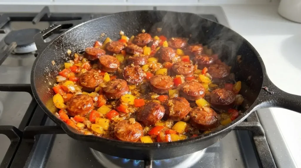 Sautéing sliced spiced sausage rounds with red and yellow bell peppers in a skillet.