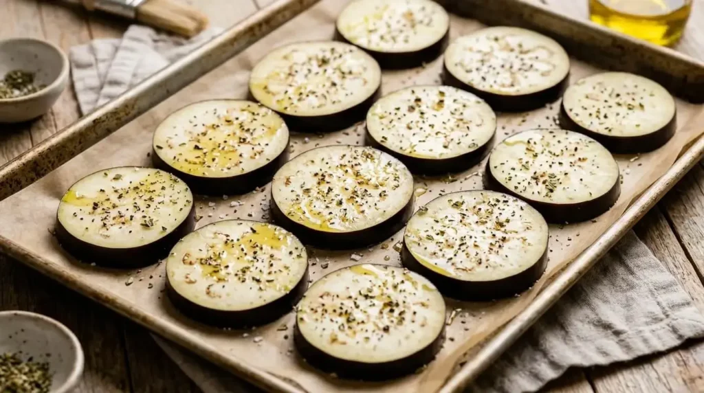 Fresh sliced eggplant rounds brushed with extra virgin olive oil and spices on a parchment-lined sheet pan.