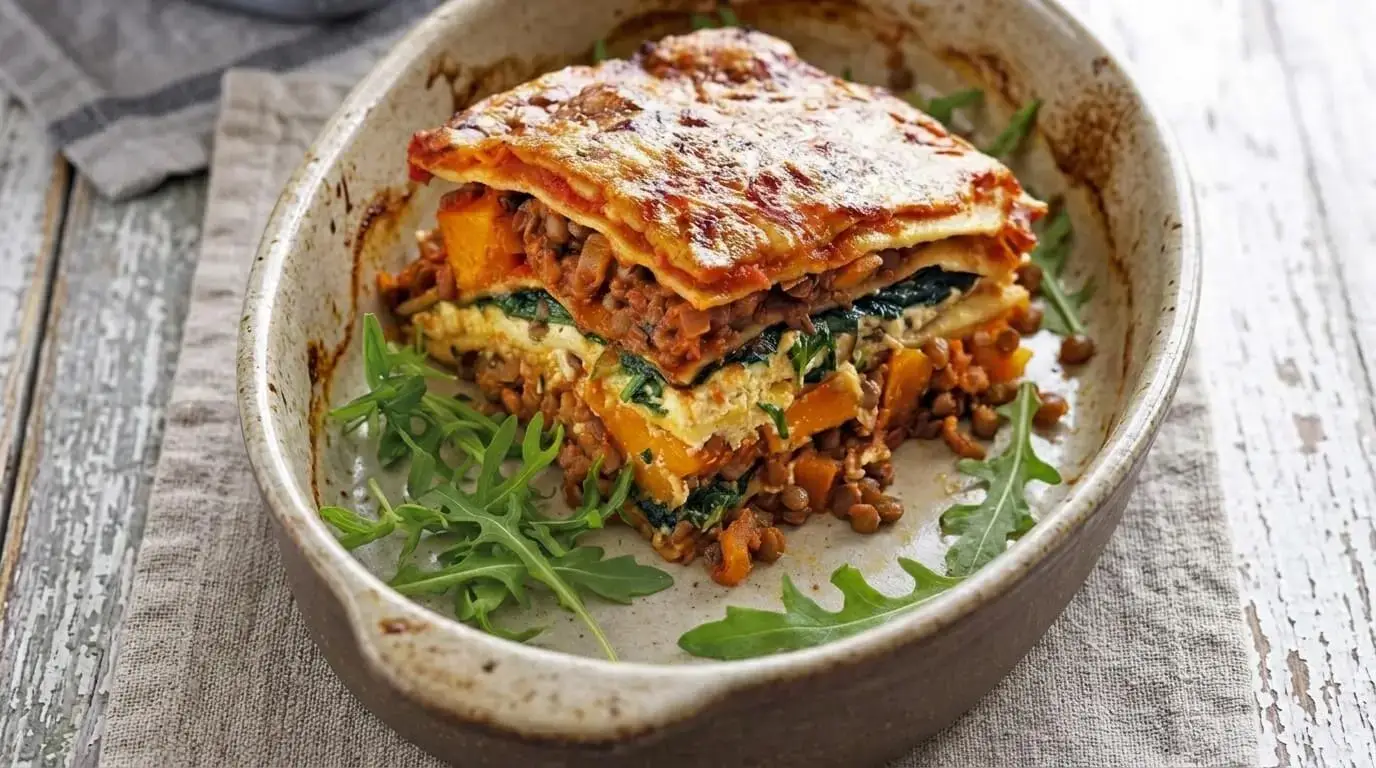 Freshly baked slice of vegetarian pumpkin, spinach and lentil lasagne in a baking dish with arugula.
