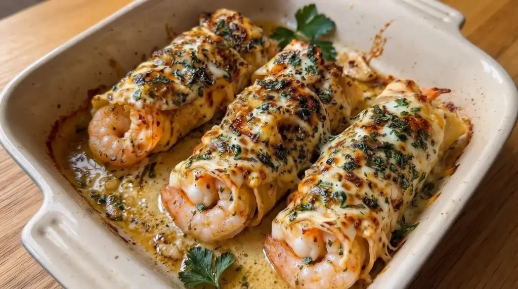 Baked creamy garlic parmesan shrimp roll-ups topped with golden brown melted cheese and fresh parsley in a ceramic dish.