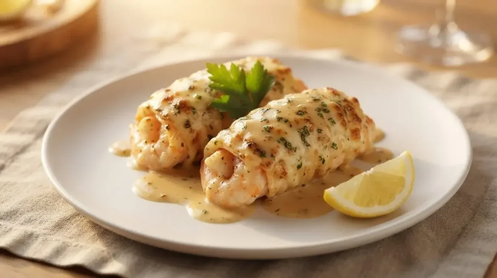 Plated creamy garlic parmesan shrimp roll-ups served with garlic cream sauce, fresh lemon, and parsley garnish.