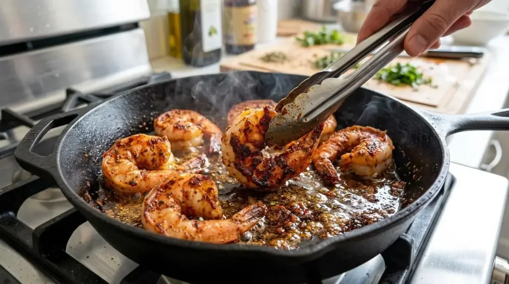Large spice-coated shrimp searing in extra virgin olive oil in a skillet for Shrimp Avocado Delight.
