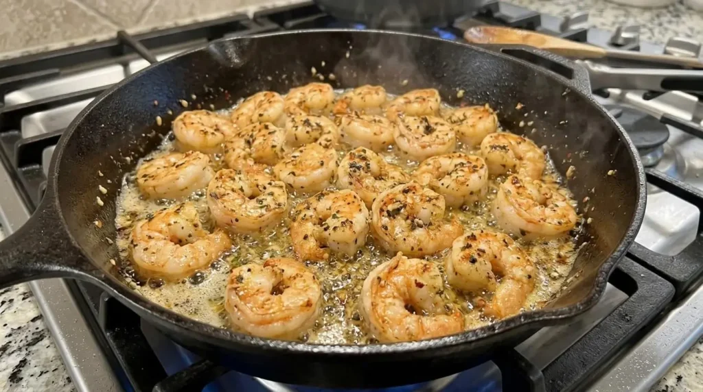 Searing jumbo shrimp in a skillet with olive oil, butter, and minced garlic.