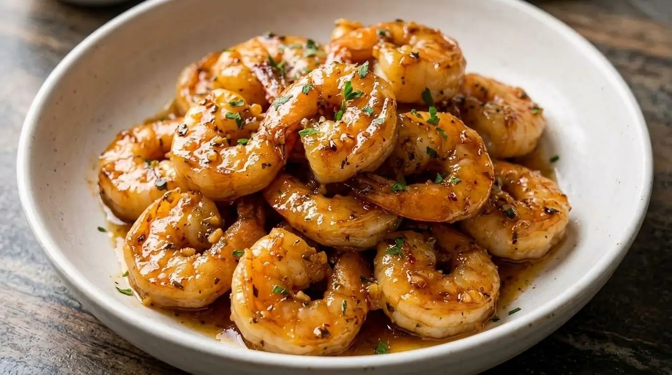 Golden-pink honey garlic butter shrimp coated in a glossy herbs glaze in a white bowl.