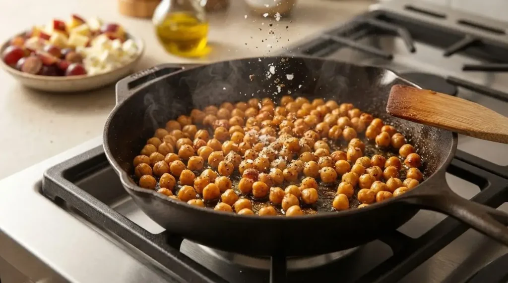 Skillet roasting chickpeas in extra virgin olive oil with black pepper for Mediterranean salad.