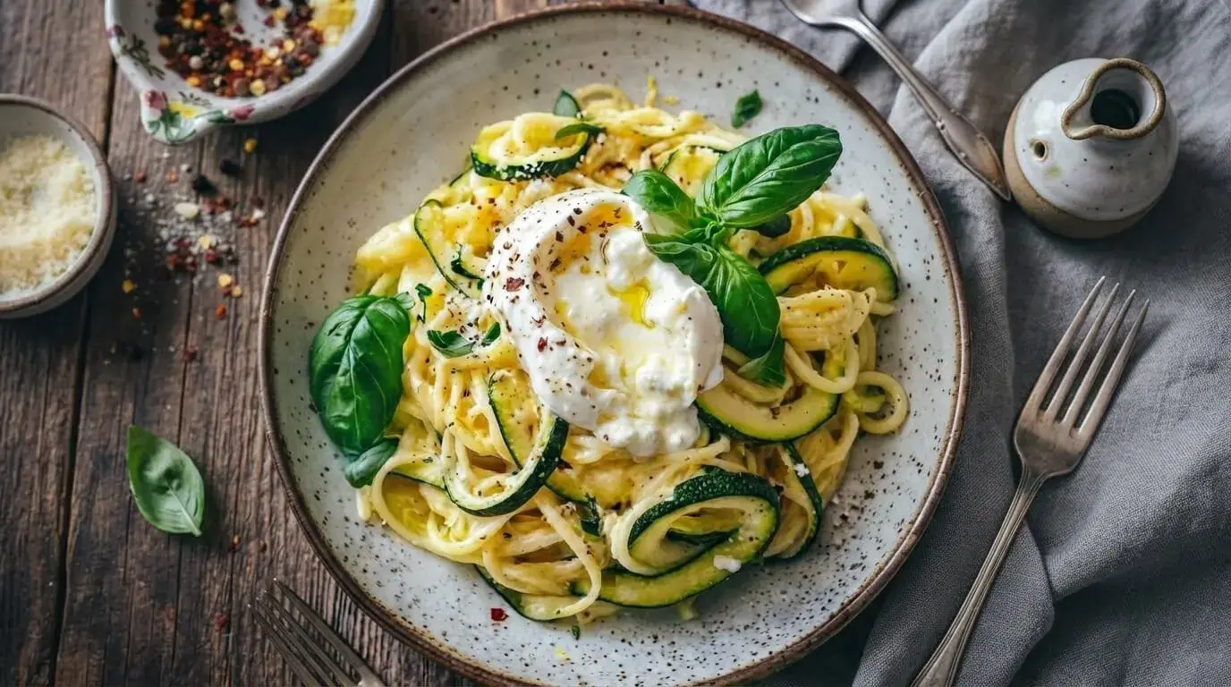 Golden spaghetti twirled with zucchini ribbons and topped with torn creamy burrata cheese and fresh basil in a ceramic bowl.