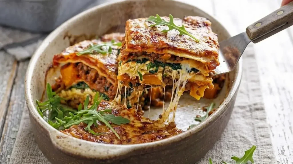 Lifting a slice of cheesy pumpkin, spinach and lentil lasagne with a spatula.