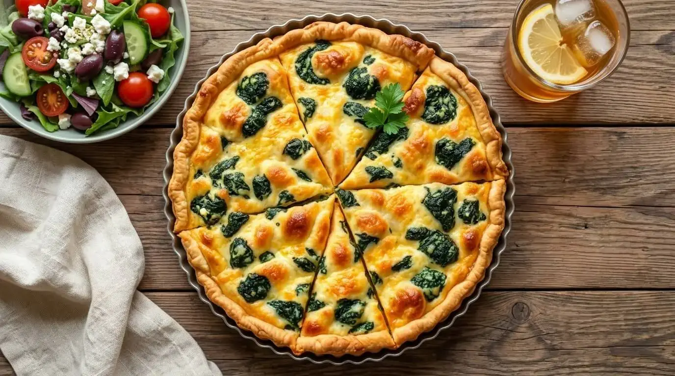 Whole baked spinach and cheese quiche in a fluted pan next to a fresh salad and iced citrus beverage.