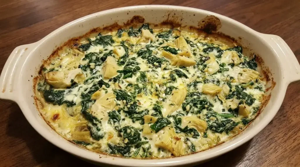 Creamy spinach, garlic, and artichoke heart base layered in a white baking dish.