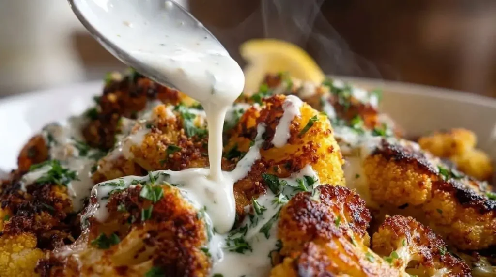 Close-up of velvety whipped lemon feta sauce drizzled over charred roasted cauliflower florets with chopped parsley.