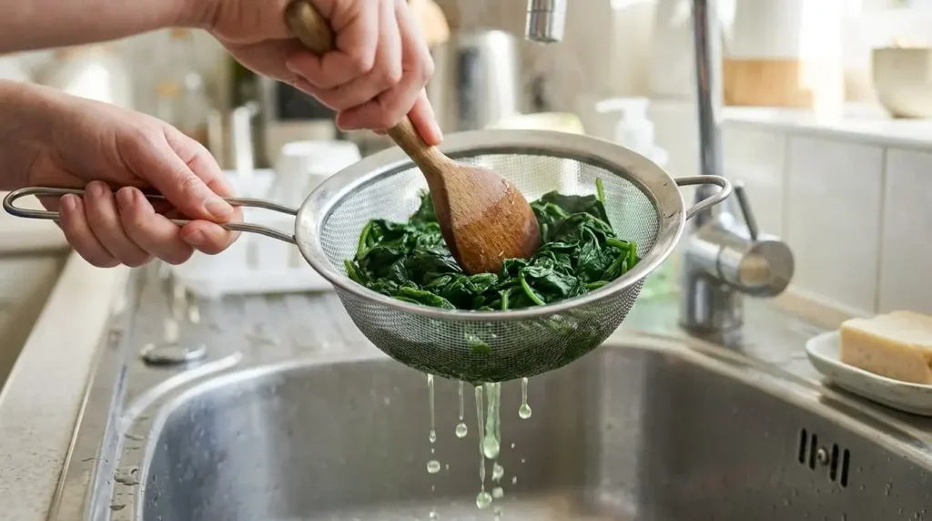 Pressing moisture out of cooked spinach using a mesh strainer to prevent a soggy quiche crust.