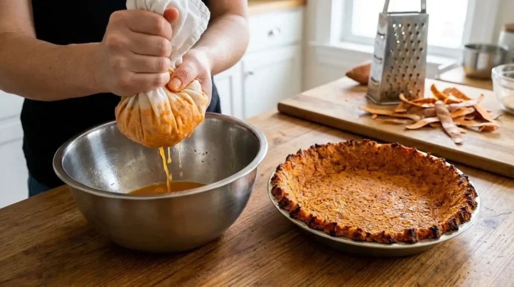 Squeezing liquid out of grated sweet potato in cheesecloth to make a crisp quiche crust.