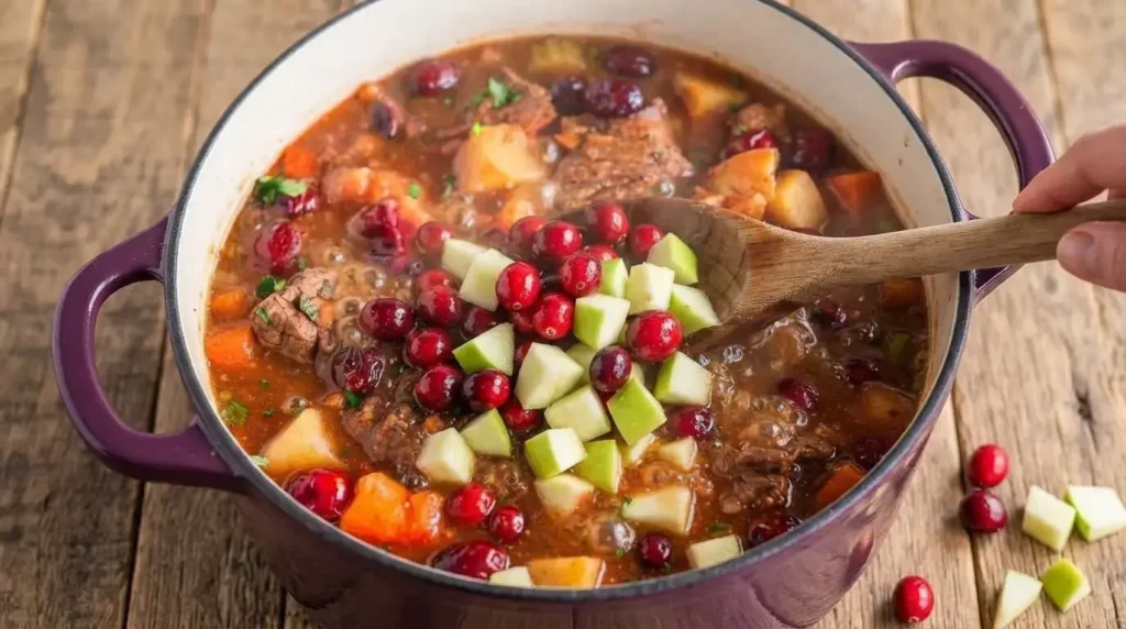 Fresh cranberries and cubed apples being added into a bubbling pot of beef stew to thicken broth naturally.