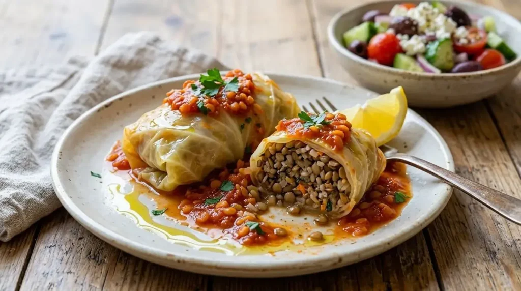 A plated Mediterranean lentil and rice stuffed cabbage roll cut open showing the grain and legume filling.