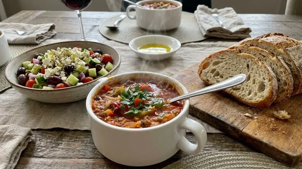 A complete Mediterranean meal featuring a bowl of stuffed pepper soup, warm crusty bread, and a fresh Greek salad on a wooden dining table.