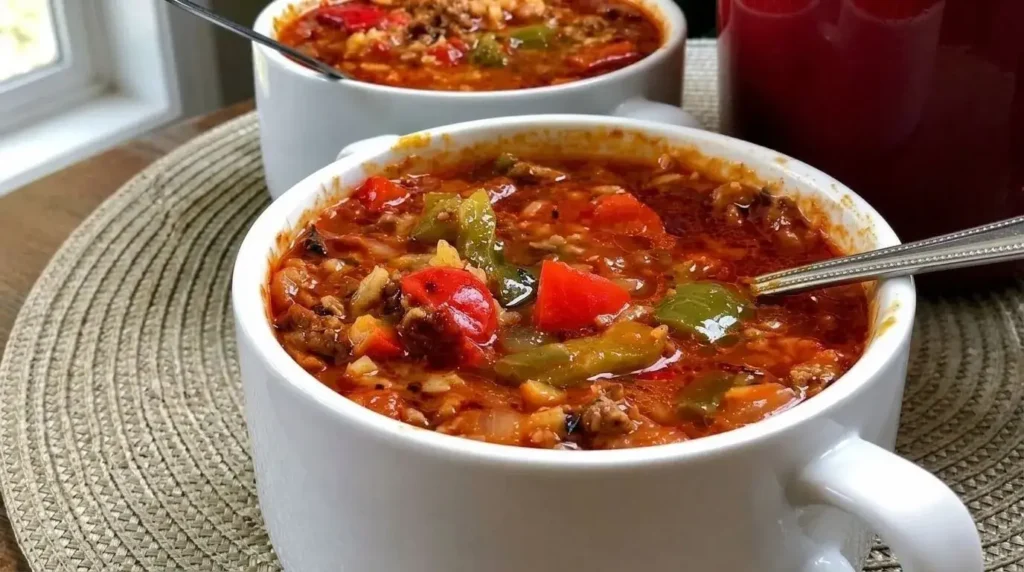 A cozy white ceramic soup mug filled with rich Mediterranean stuffed pepper soup, showing red bell peppers, green bell peppers, ground meat, and tender rice.