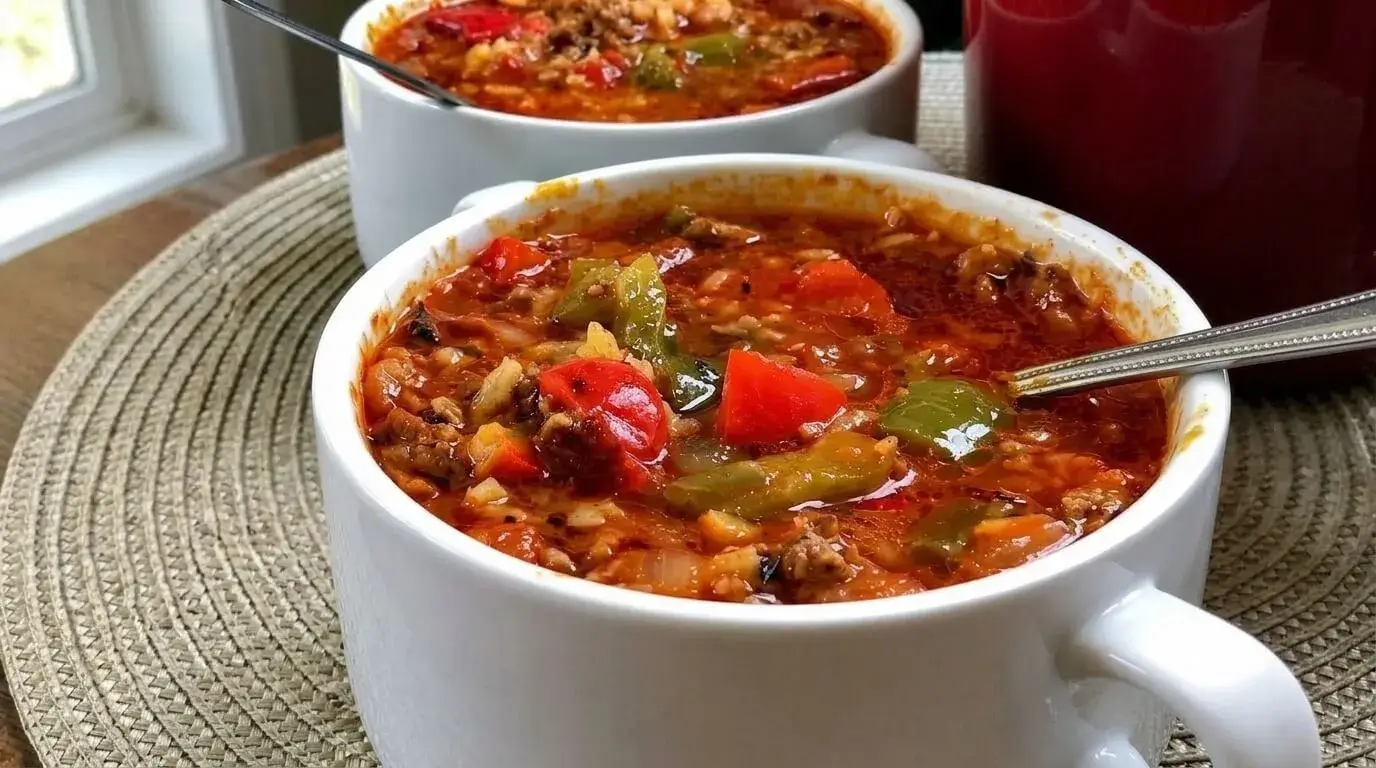 A cozy white ceramic soup mug filled with rich Mediterranean stuffed pepper soup, showing red bell peppers, green bell peppers, ground meat, and tender rice.