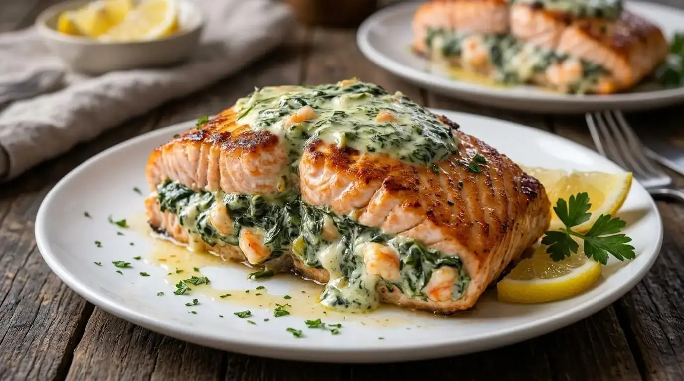 Pan-seared creamy spinach and shrimp stuffed salmon fillet with a golden crust on a white plate.