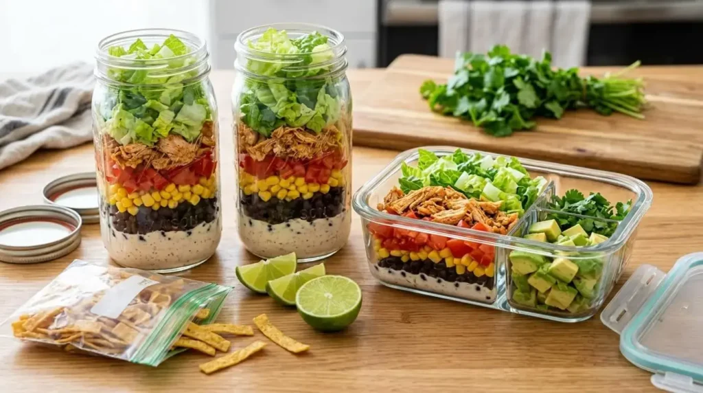 Glass mason jars layered with Greek yogurt dressing, black beans, corn, chicken, tomatoes, and romaine lettuce for meal prep taco salad.