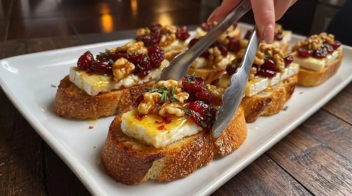 Warm Cranberry Brie Crostini with Walnuts topped with hot honey and fresh rosemary on a white platter.